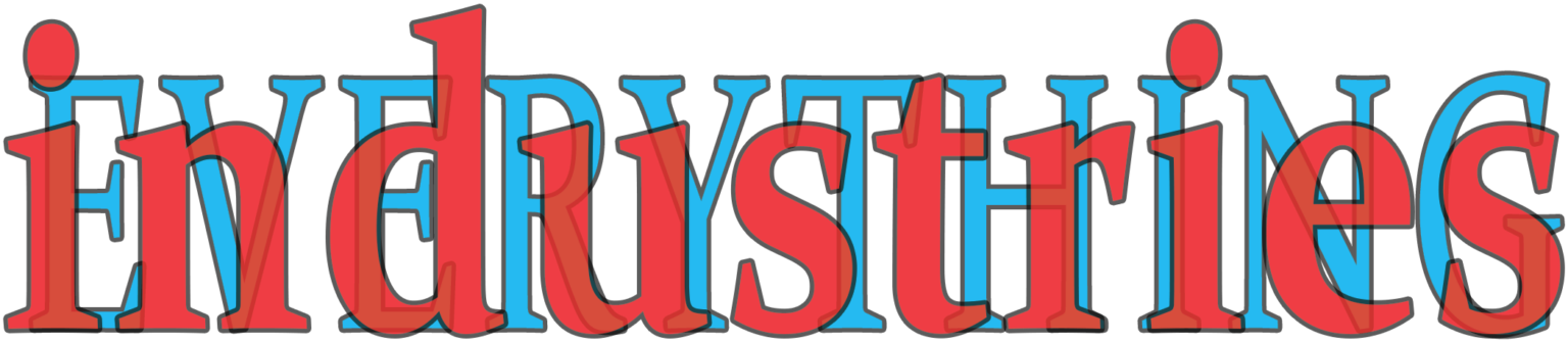 The Everything Industries Logo. It has the words Everything and Industries imposed upon each other in red and blue like a 3d image.