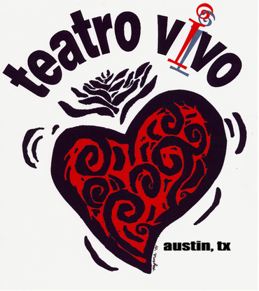 The Teatro Vivo logo. A stylized red and black heart with the words Teatro Vivo over it in lower case with a red stylized letter 'I'